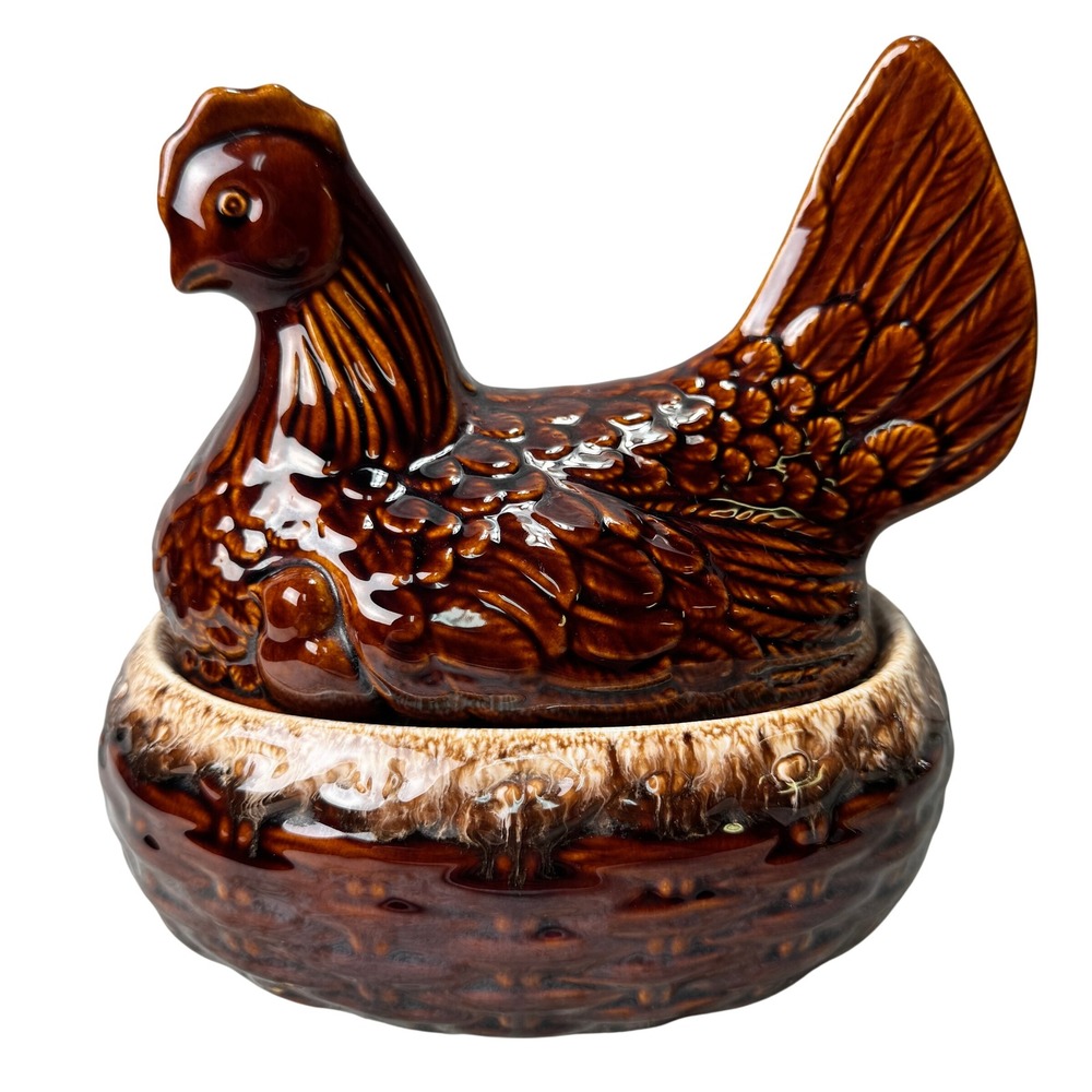 Vintage Hull Pottery Brown Drip Hen on Nest Covered Casserole Dish USA